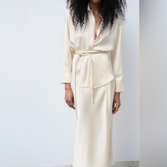 NWT Zara SET Cream Ecru Mixed Organza Satin Effect Blouse Skirt L XL - Picture 2 of 16